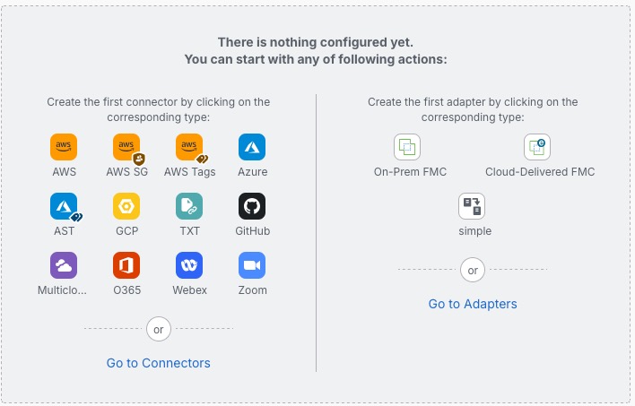 The Cisco Secure Dynamic Attributes Connector dashboard displays at-a-glance information about configured connectors, filters, and adapters