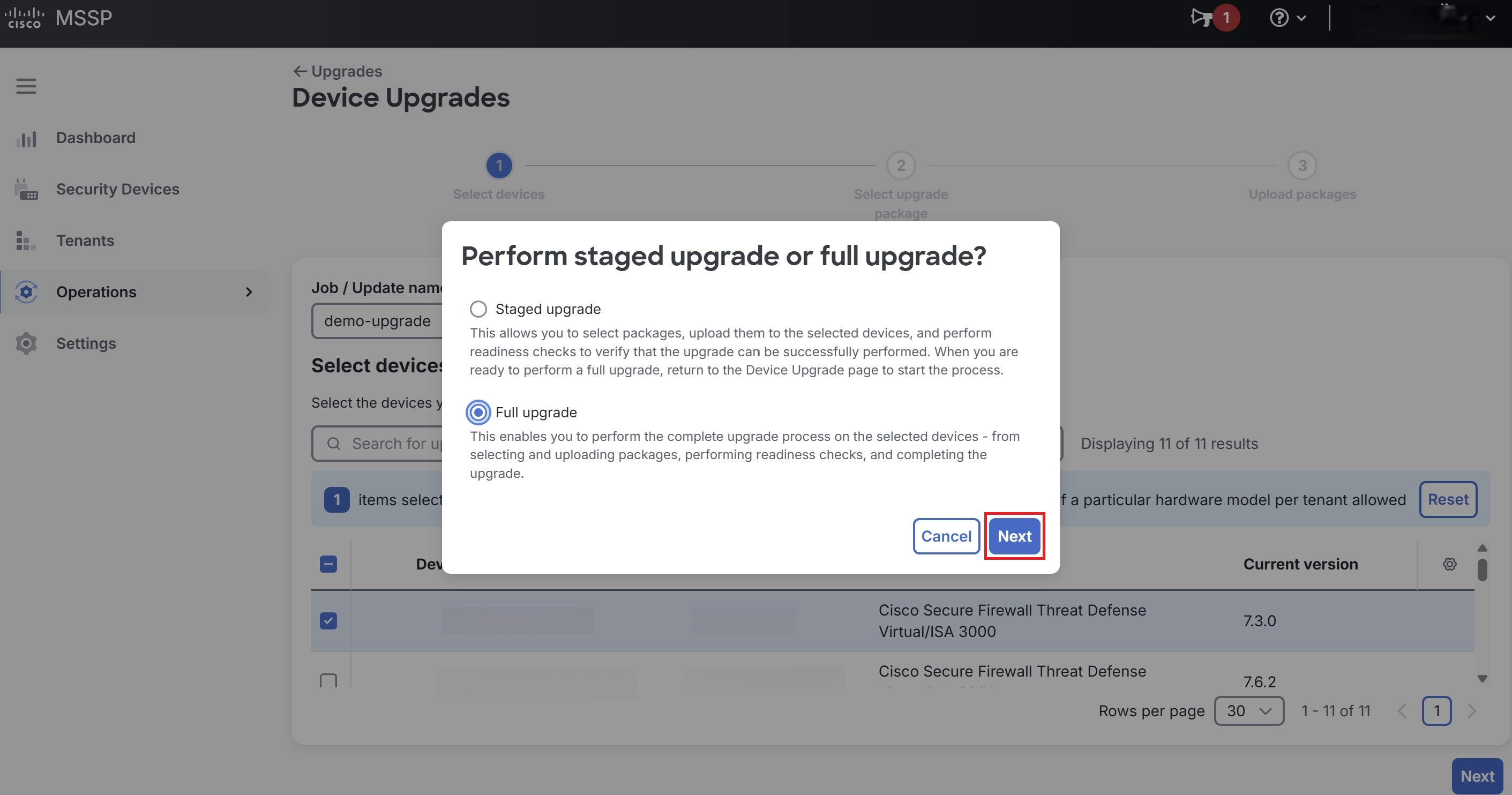 Screenshot of the perform staged upgrade or full upgrade dialog box.
