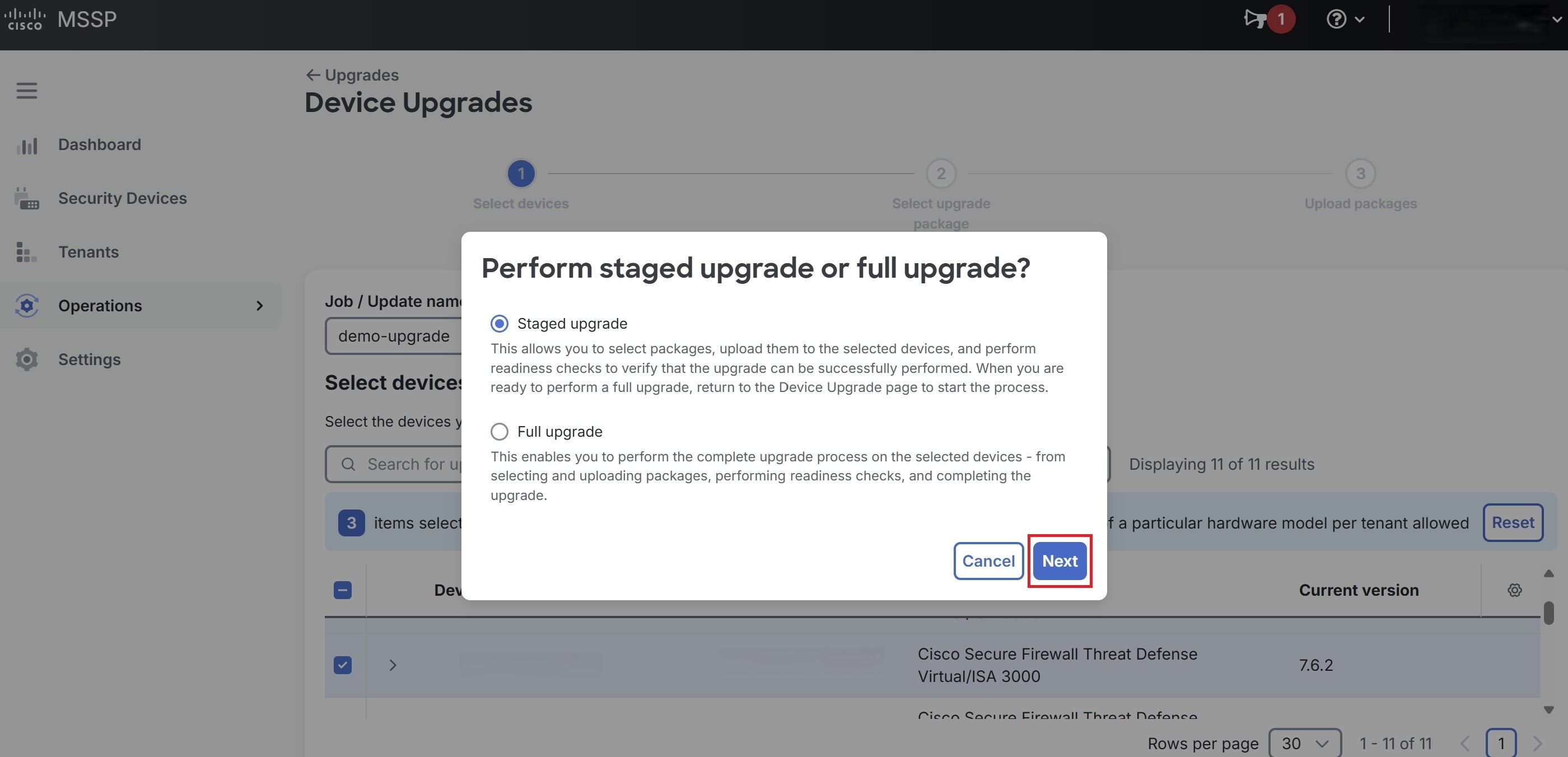 Screenshot of the perform staged upgrade or full upgrade dialog box.