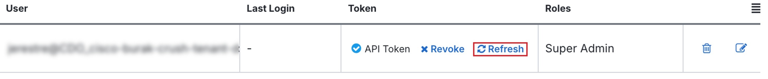 Screenshot showing the refresh button for the API Token.