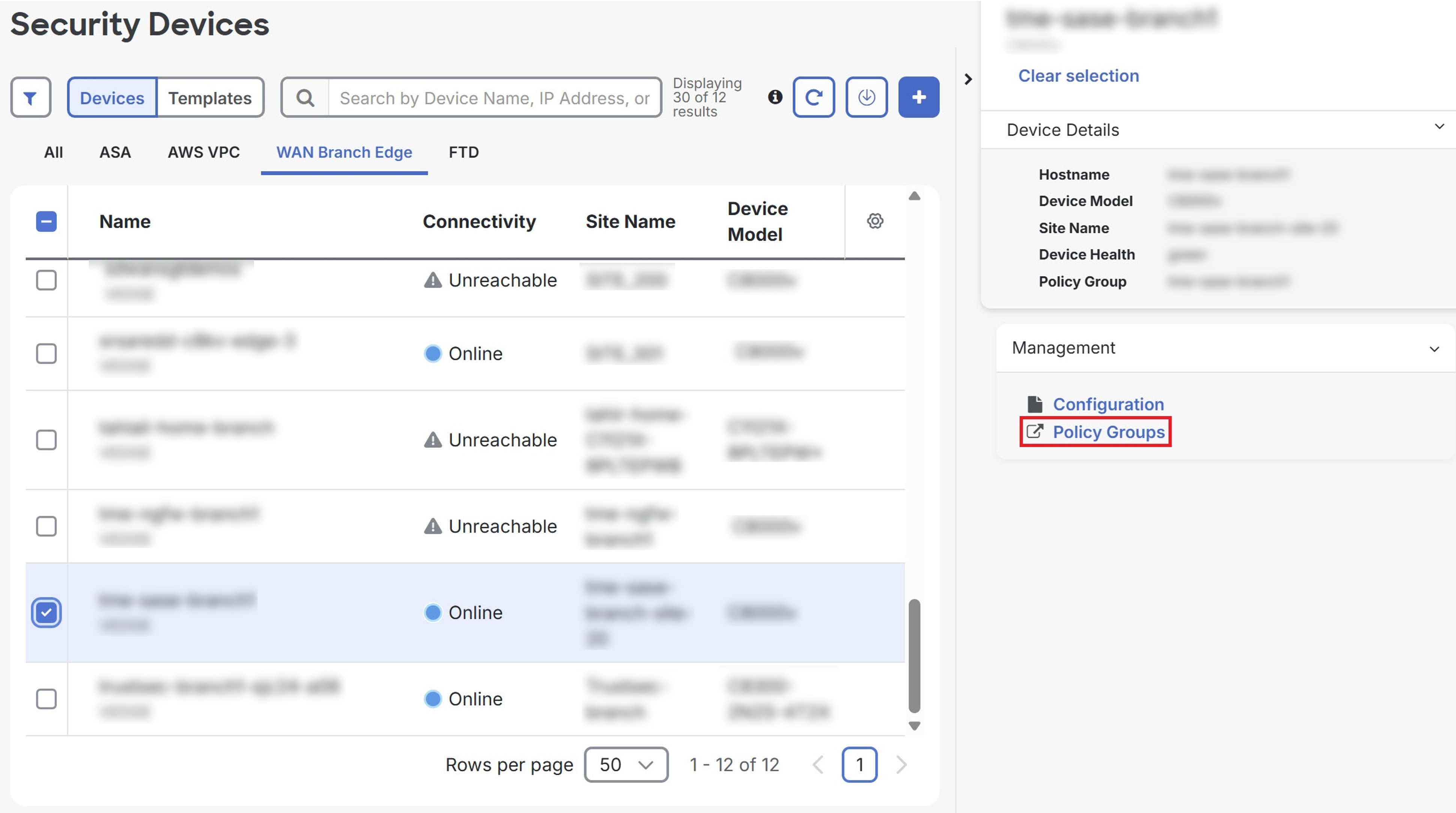 Screenshot of the Security Devices page showing policy groups in the right window.