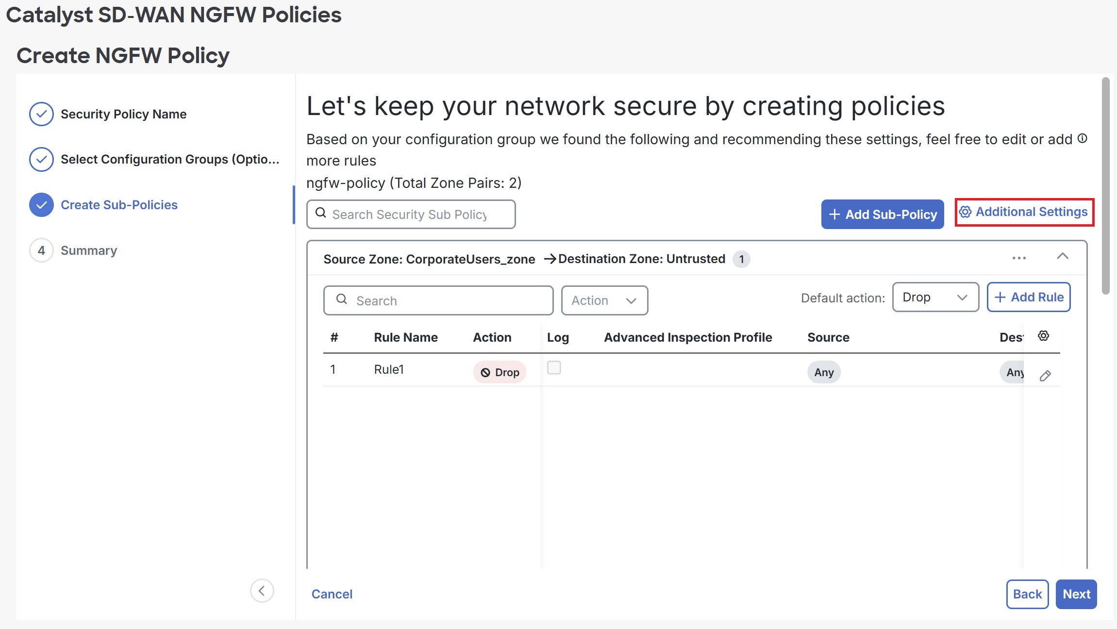 Screenshot of the Create NGFW Policy page showing the Create Sub-Policy tab.