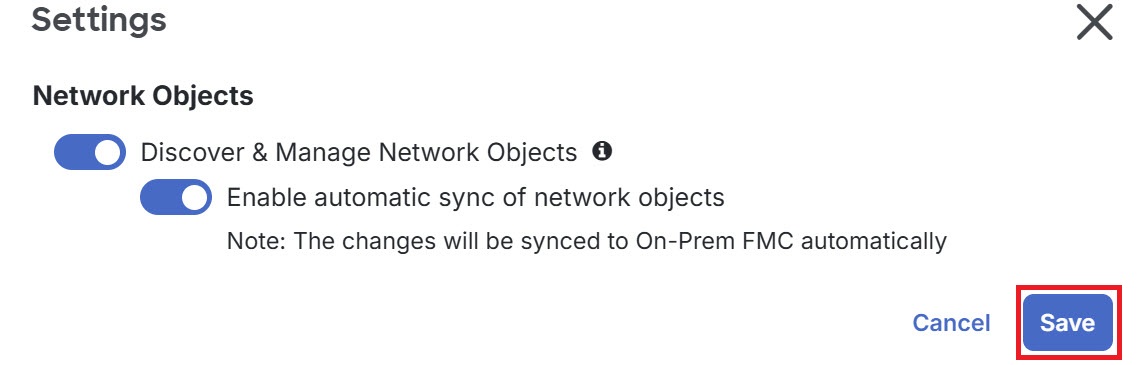 Settings menu showing Network Objects discovery and automatic sync enabled with a Save button.