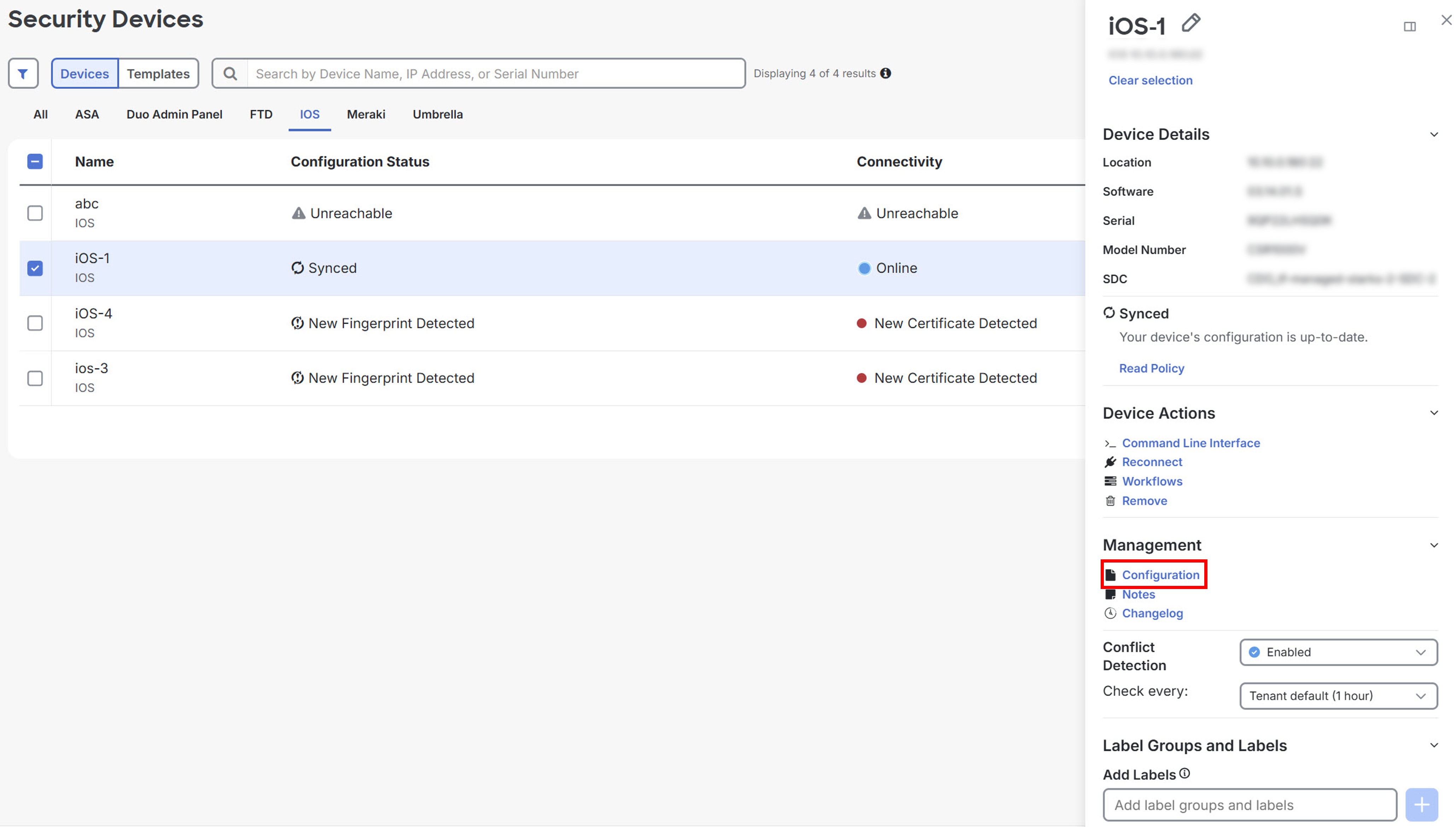 Security Devices page showing Configuration button.